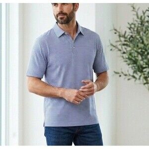Geoffrey Beene Men's XL Short Sleeve Blue White Polo Striped Shirt EUC